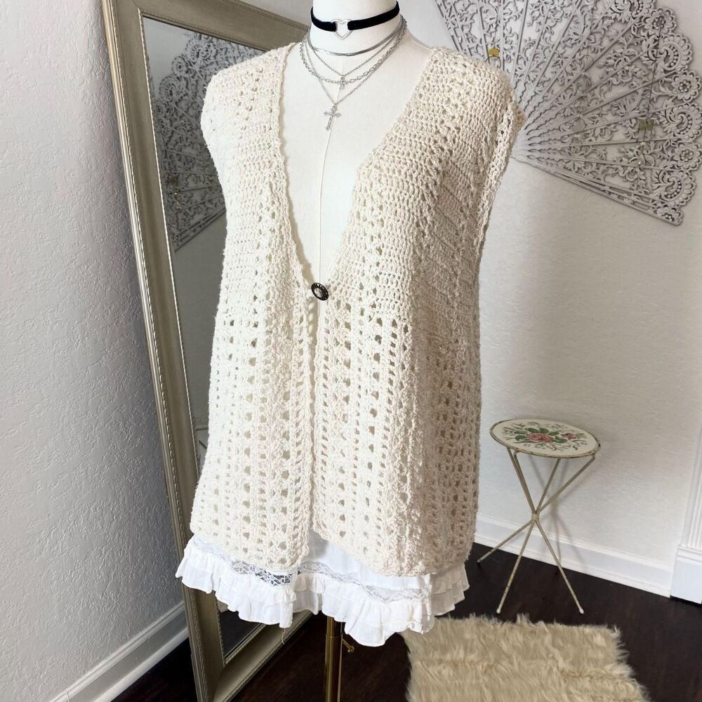 BOHO inspired Cream Crochet Openwork Knit Vest- may be hand made - Picture 4 of 16